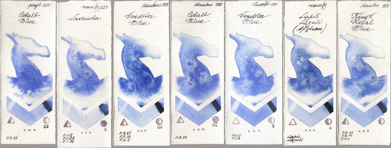 Golden QOR 320 Cobalt Blue, Roman Szmal Aquarius 227 Lavenda, Daniel Smith 173 Verditer Blue, 025 Cobalt Blue, Holbein Artists Watercolor 095 Verditer Blue, 999 Lapis Lazuli Afghan, 252 King’s Royal Bl watercolor swatch
