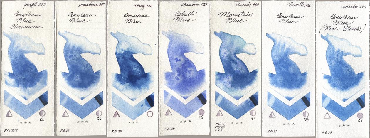 Golden QOR 330 Cerulean Blue, Chromium, M. Graham & Co. Artists 080 Cerulean Blue, Rosa Gallery 752 Cerulean Blue, Daniel Smith 025 Cobalt Blue, Shminke Horadam Aquarell 480 Mountain Blue, Holbein Artists Watercolor 092 Cerulean Blue, Winsor & Newton Professional 140 Cerulean Blue (Red Shad watercolor swatch