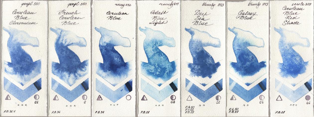 Golden QOR 330 Cerulean Blue, Chromium, 350 French Cerulean Blue, Rosa Gallery 752 Cerulean Blue, Roman Szmal Aquarius 411 Cobalt Blue Light, Shminke Horadam Aquarell 953 Deep Sea Blue, 973 Galaxy Blue, Sennelier l Aquarelle 305 Cerulean Blue Red Sha watercolor swatch