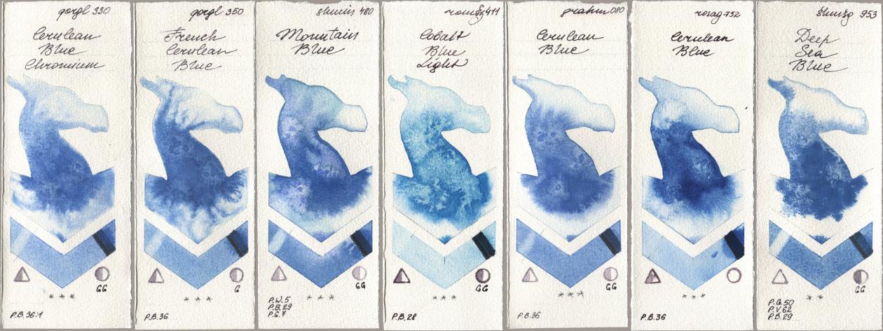 Golden QOR 330 Cerulean Blue, Chromium, 350 French Cerulean Blue, Shminke Horadam Aquarell 480 Mountain Blue, Roman Szmal Aquarius 411 Cobalt Blue Light, M. Graham & Co. Artists 080 Cerulean Blue, Rosa Gallery 752 Cerulean Blue, 953 Deep Sea Bl watercolor swatch