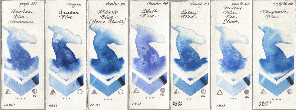 Golden QOR 330 Cerulean Blue, Chromium, Rosa Gallery 752 Cerulean Blue, Daniel Smith 077 Phthalo Blue (Green Shade), 025 Cobalt Blue, Shminke Horadam Aquarell 973 Galaxy Blue, Sennelier l Aquarelle 305 Cerulean Blue Red Shade, Mijello Mission Gold 548 Manganese Bl watercolor swatch