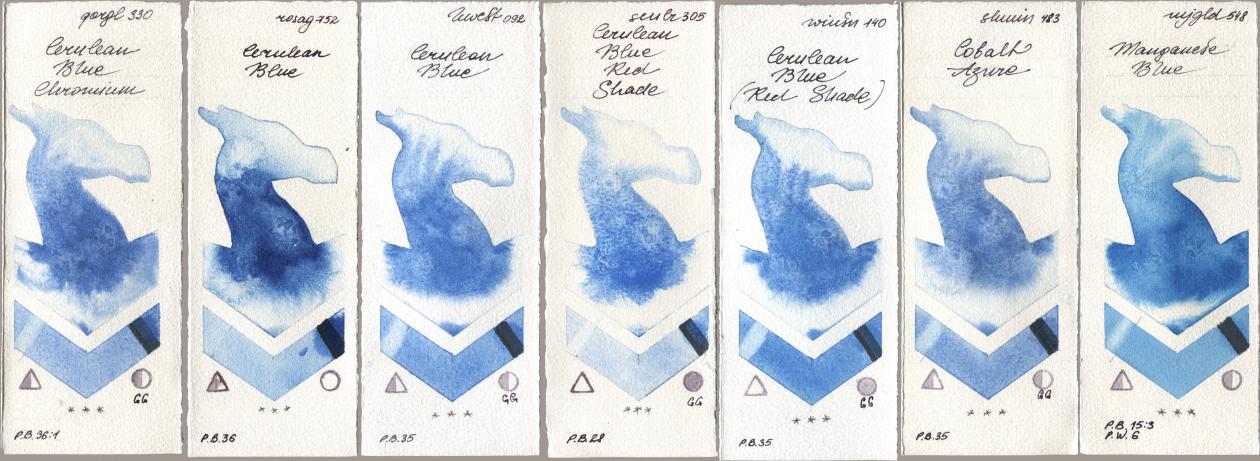 Golden QOR 330 Cerulean Blue, Chromium, Rosa Gallery 752 Cerulean Blue, Holbein Artists Watercolor 092 Cerulean Blue, Sennelier l Aquarelle 305 Cerulean Blue Red Shade, Winsor & Newton Professional 140 Cerulean Blue (Red Shade), Shminke Horadam Aquarell 483 Cobalt Azure, Mijello Mission Gold 548 Manganese Bl watercolor swatch