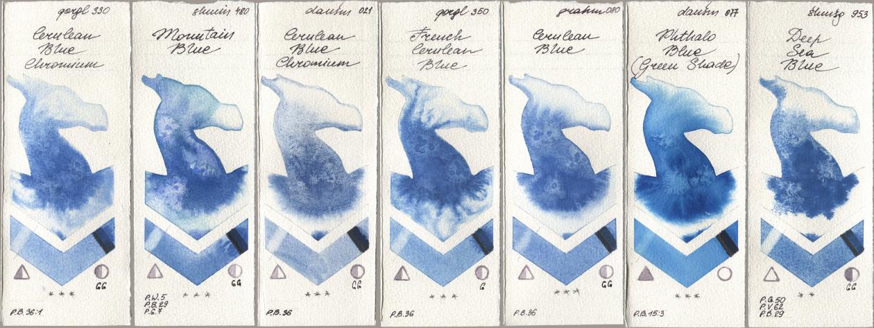 Golden QOR 330 Cerulean Blue, Chromium, Shminke Horadam Aquarell 480 Mountain Blue, Daniel Smith 021 Cerulean Blue Chromium, 350 French Cerulean Blue, M. Graham & Co. Artists 080 Cerulean Blue, 077 Phthalo Blue (Green Shade), 953 Deep Sea Bl watercolor swatch