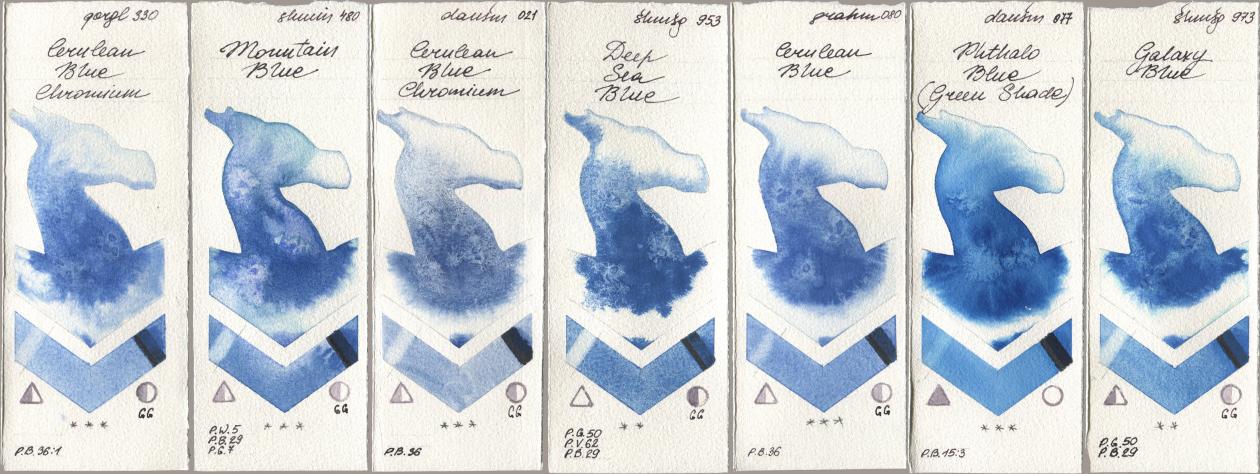 Golden QOR 330 Cerulean Blue, Chromium, Shminke Horadam Aquarell 480 Mountain Blue, Daniel Smith 021 Cerulean Blue Chromium, 953 Deep Sea Blue, M. Graham & Co. Artists 080 Cerulean Blue, 077 Phthalo Blue (Green Shade), 973 Galaxy Bl watercolor swatch
