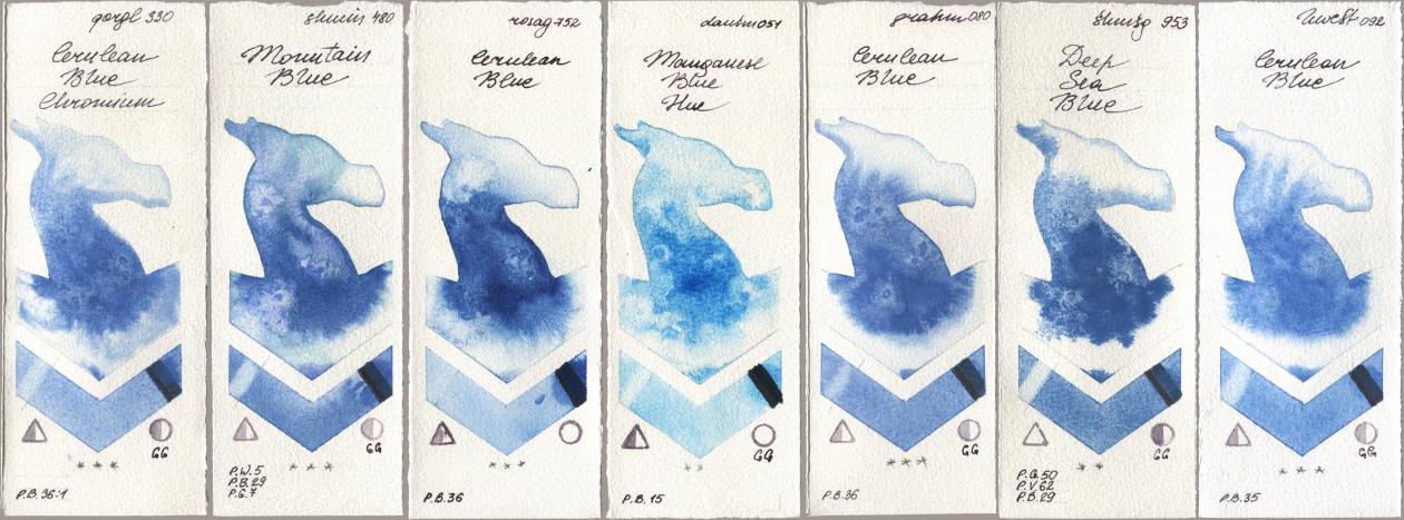 Golden QOR 330 Cerulean Blue, Chromium, Shminke Horadam Aquarell 480 Mountain Blue, Rosa Gallery 752 Cerulean Blue, Daniel Smith 051 Manganese Blue Hue, M. Graham & Co. Artists 080 Cerulean Blue, 953 Deep Sea Blue, Holbein Artists Watercolor 092 Cerulean Bl watercolor swatch