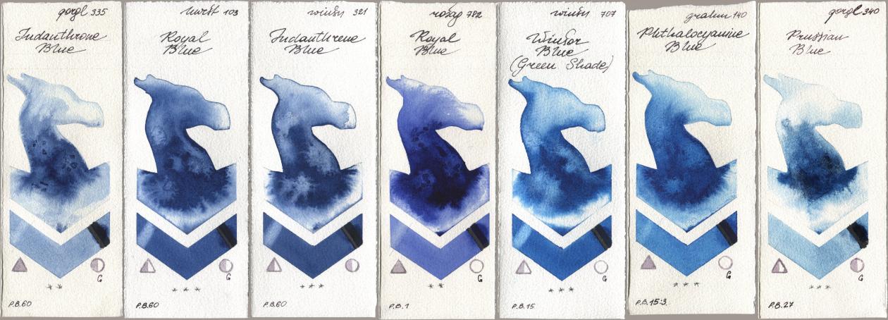 Golden QOR 335 Indanthrone Blue, Holbein Artists Watercolor 103 Royal Blue, Winsor & Newton Professional 321 Indanthrene Blue, Rosa Gallery 782 Royal Blue, 707 Winsor Blue (Green Shade), M. Graham & Co. Artists 140 Phthalocyanine Blue, 340 Prussian Bl watercolor swatch