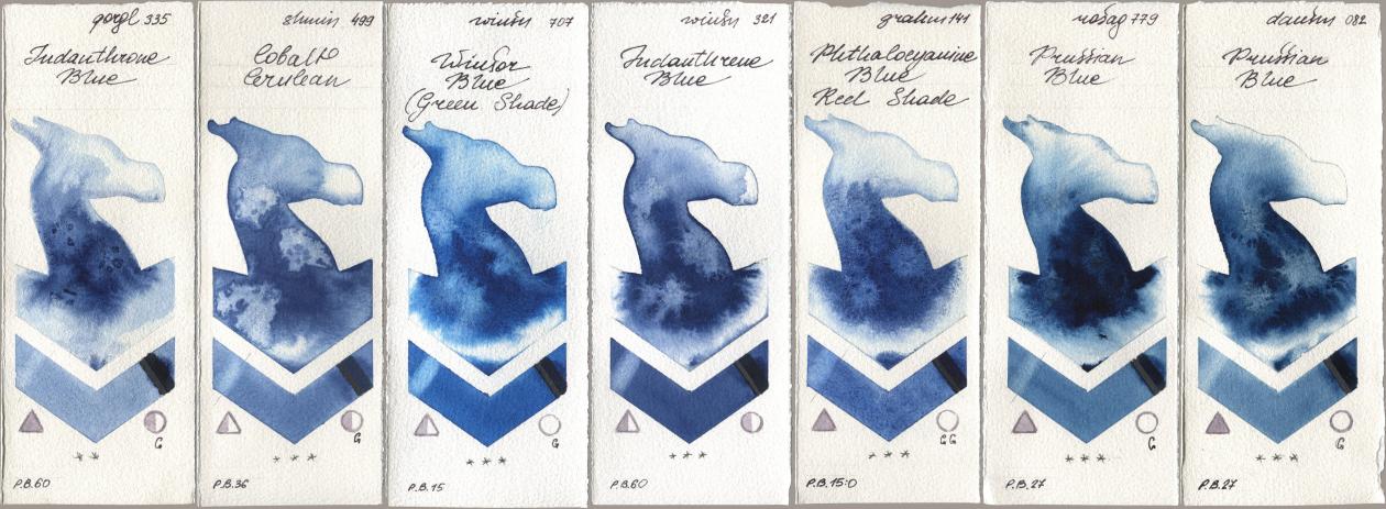 Golden QOR 335 Indanthrone Blue, Shminke Horadam Aquarell 499 Cobalt Cerulean, Winsor & Newton Professional 707 Winsor Blue (Green Shade), 321 Indanthrene Blue, M. Graham & Co. Artists 141 Phthalocyanine Blue Red Shade, Rosa Gallery 779 Prussian Blue, Daniel Smith 082 Prussian Bl watercolor swatch