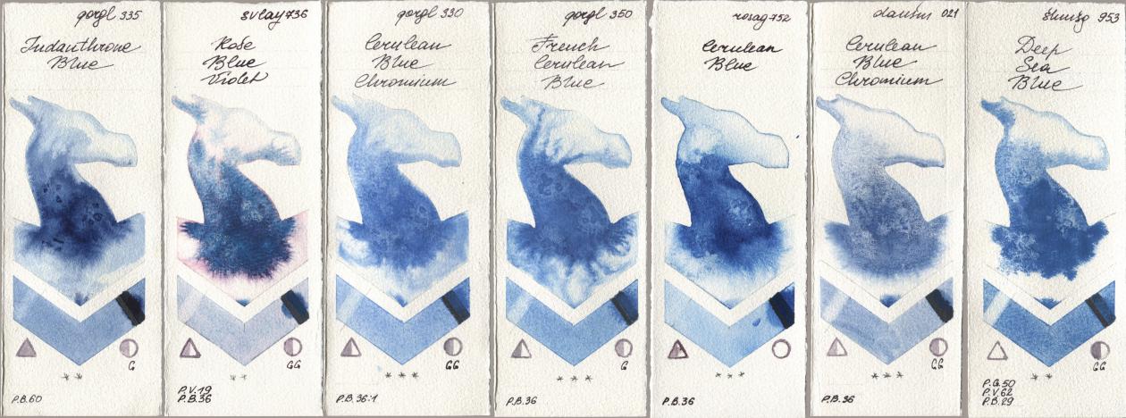 Golden QOR 335 Indanthrone Blue, SuperVision 736 Rose Blue Violet, 330 Cerulean Blue, Chromium, 350 French Cerulean Blue, Rosa Gallery 752 Cerulean Blue, Daniel Smith 021 Cerulean Blue Chromium, Shminke Horadam Aquarell 953 Deep Sea Bl watercolor swatch