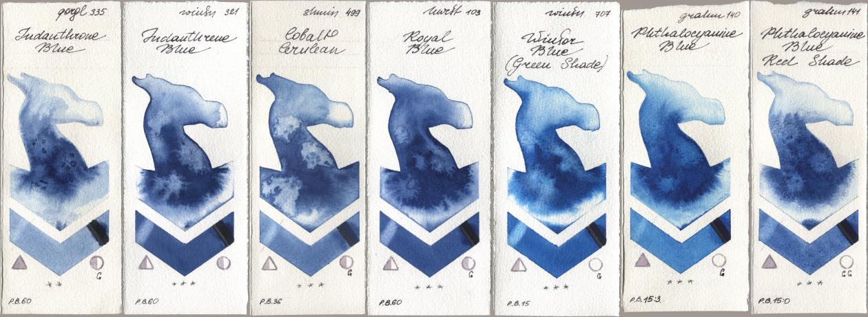 Golden QOR 335 Indanthrone Blue, Winsor & Newton Professional 321 Indanthrene Blue, Shminke Horadam Aquarell 499 Cobalt Cerulean, Holbein Artists Watercolor 103 Royal Blue, 707 Winsor Blue (Green Shade), M. Graham & Co. Artists 140 Phthalocyanine Blue, 141 Phthalocyanine Blue Red Sha watercolor swatch
