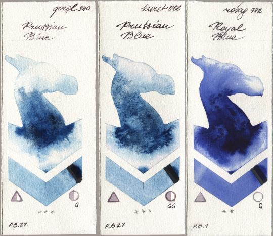 Golden QOR 340 Prussian Blue, Kuretake Gansai Tambi 066 Prussian Blue, Rosa Gallery 782 Royal Bl watercolor swatch