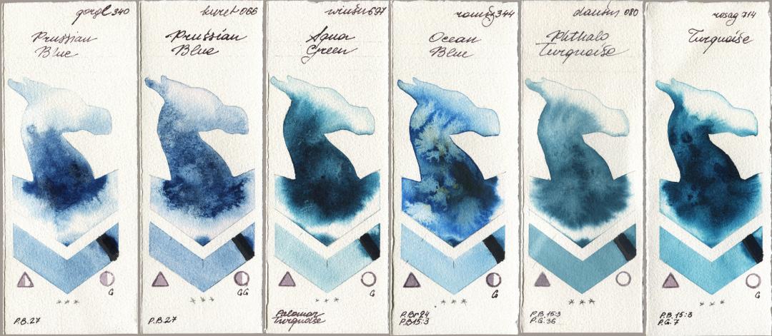 Golden QOR 340 Prussian Blue, Kuretake Gansai Tambi 066 Prussian Blue, Winsor & Newton Professional 697 Aqua Green, Roman Szmal Aquarius 344 Ocean Blue, Daniel Smith 080 Phthalo Turquoise, Rosa Gallery 714 Turquoi watercolor swatch