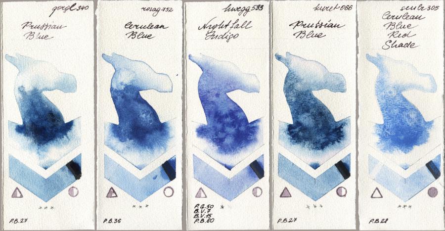 Golden QOR 340 Prussian Blue vs Rosa Gallery 752 Cerulean Blue vs Holbein Artists Watercolor 533 Nightfall Indigo vs Kuretake Gansai Tambi 066 Prussian Blue vs Sennelier l Aquarelle 305 Cerulean Blue Red Shade watercolor swatch