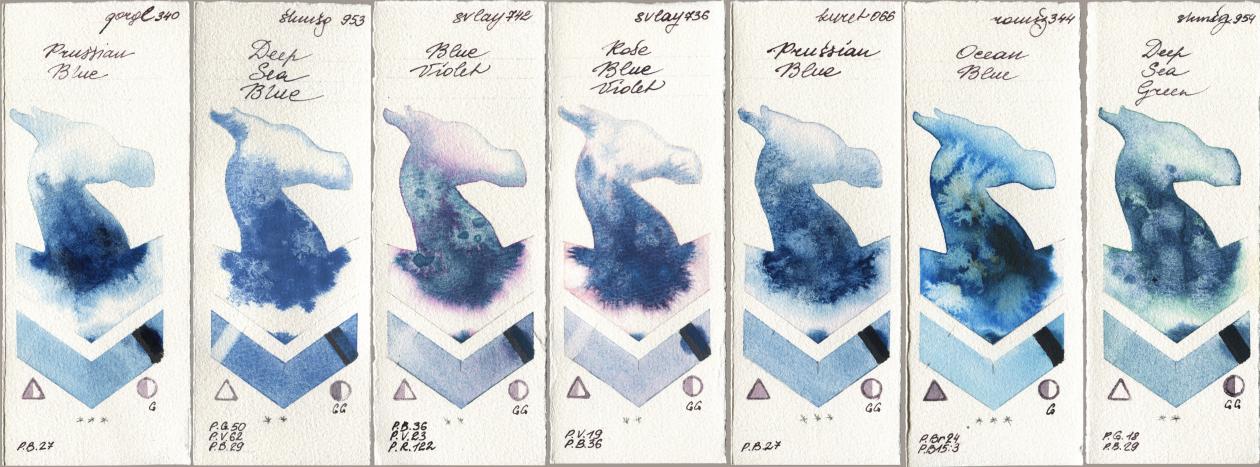 Golden QOR 340 Prussian Blue, Shminke Horadam Aquarell 953 Deep Sea Blue, SuperVision 742 Blue Violet, 736 Rose Blue Violet, Kuretake Gansai Tambi 066 Prussian Blue, Roman Szmal Aquarius 344 Ocean Blue, 954 Deep Sea Gre watercolor swatch