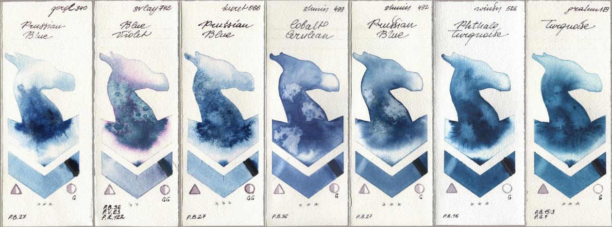 Golden QOR 340 Prussian Blue, SuperVision 742 Blue Violet, Kuretake Gansai Tambi 066 Prussian Blue, Shminke Horadam Aquarell 499 Cobalt Cerulean, 492 Prussian Blue, Winsor & Newton Professional 526 Phthalo Turquoise, M. Graham & Co. Artists 189 Turquoi watercolor swatch