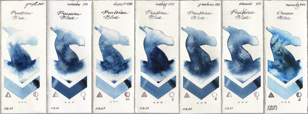 Golden QOR 340 Prussian Blue, Winsor & Newton Professional 538 Prussian Blue, Kuretake Gansai Tambi 066 Prussian Blue, Rosa Gallery 779 Prussian Blue, M. Graham & Co. Artists 153 Prussian Blue, Shminke Horadam Aquarell 492 Prussian Blue, Roman Szmal Aquarius 344 Ocean Bl watercolor swatch