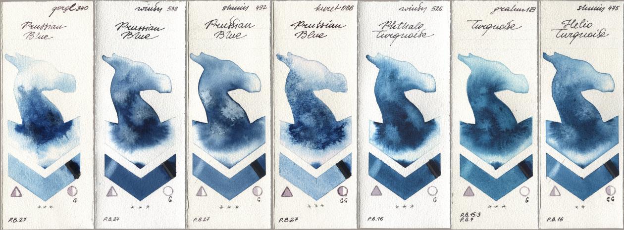 Golden QOR 340 Prussian Blue, Winsor & Newton Professional 538 Prussian Blue, Shminke Horadam Aquarell 492 Prussian Blue, Kuretake Gansai Tambi 066 Prussian Blue, 526 Phthalo Turquoise, M. Graham & Co. Artists 189 Turquoise, 475 Helio Turquoi watercolor swatch