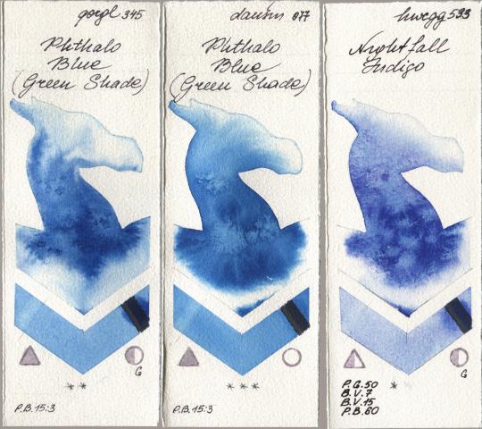 Golden QOR 345 Phthalo Blue (Green Shade), Daniel Smith 077 Phthalo Blue (Green Shade), Holbein Artists Watercolor 533 Nightfall Indi watercolor swatch