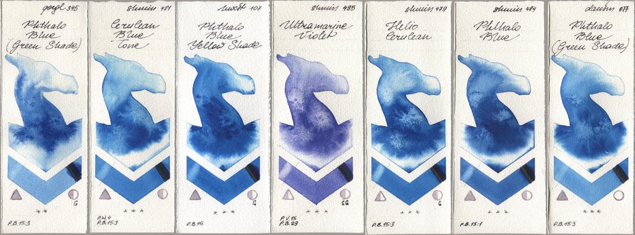 Golden QOR 345 Phthalo Blue (Green Shade), Shminke Horadam Aquarell 481 Cerulean Blue Tone, Holbein Artists Watercolor 107 Phthalo Blue Yellow Shade, 495 Ultramarine Violet, 479 Helio Cerulean, 484 Phthalo Blue, Daniel Smith 077 Phthalo Blue (Green Shad watercolor swatch