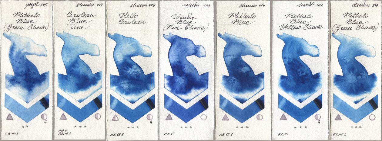 Golden QOR 345 Phthalo Blue (Green Shade), Shminke Horadam Aquarell 481 Cerulean Blue Tone, 479 Helio Cerulean, Winsor & Newton Professional 709 Winsor Blue (Red Shade), 484 Phthalo Blue, Holbein Artists Watercolor 107 Phthalo Blue Yellow Shade, Daniel Smith 077 Phthalo Blue (Green Shad watercolor swatch
