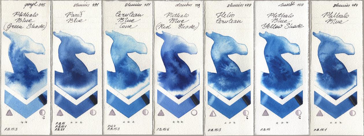 Golden QOR 345 Phthalo Blue (Green Shade), Shminke Horadam Aquarell 491 Paris Blue, 481 Cerulean Blue Tone, Daniel Smith 119 Phthalo Blue (Red Shade), 479 Helio Cerulean, Holbein Artists Watercolor 107 Phthalo Blue Yellow Shade, 484 Phthalo Bl watercolor swatch
