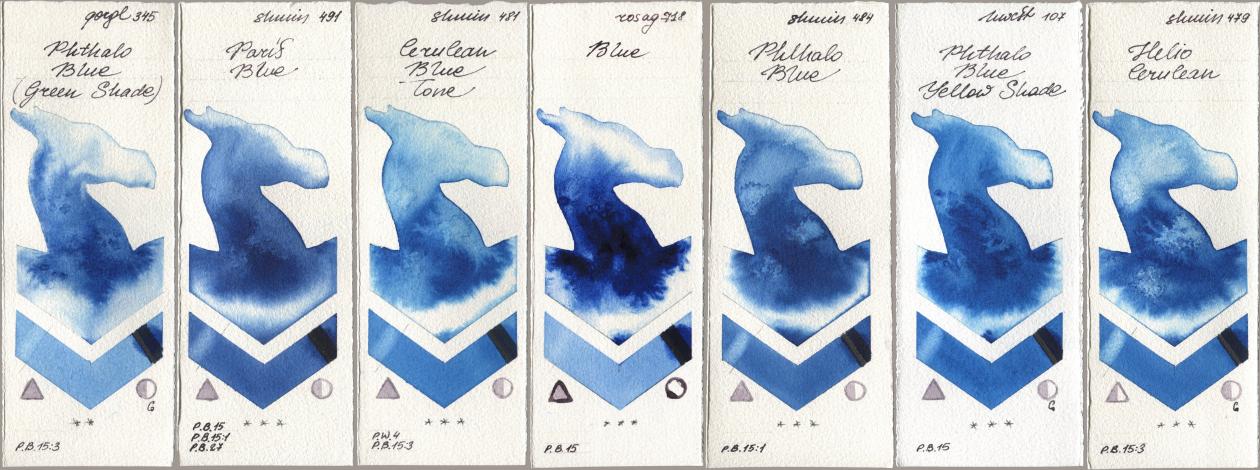 Golden QOR 345 Phthalo Blue (Green Shade), Shminke Horadam Aquarell 491 Paris Blue, 481 Cerulean Blue Tone, Rosa Gallery 718 Blue, 484 Phthalo Blue, Holbein Artists Watercolor 107 Phthalo Blue Yellow Shade, 479 Helio Cerule watercolor swatch