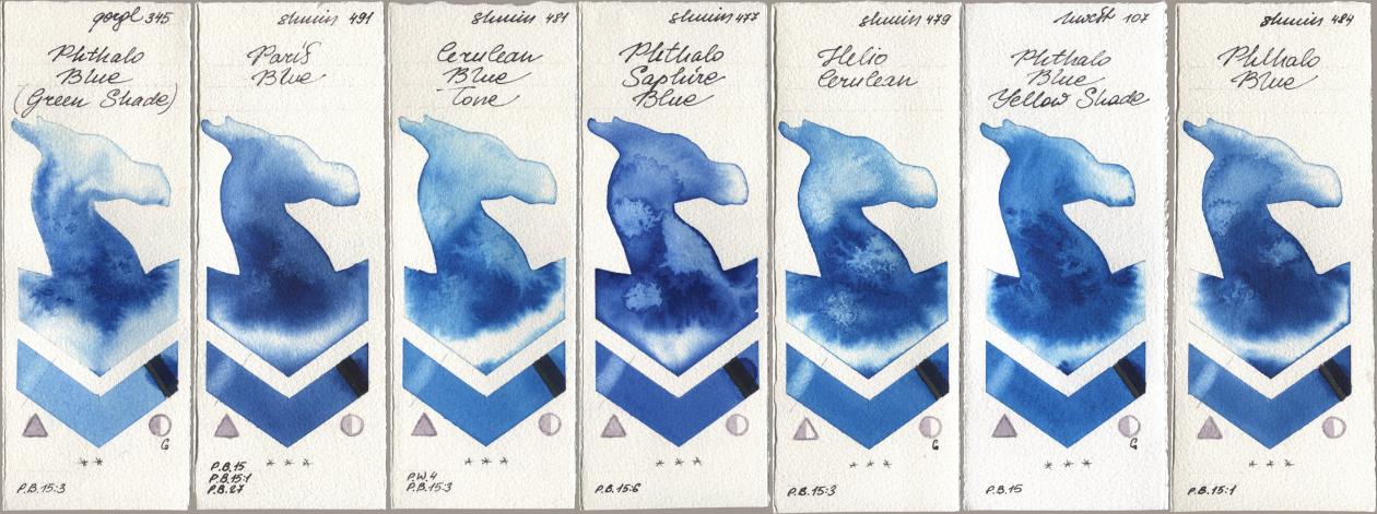 Golden QOR 345 Phthalo Blue (Green Shade), Shminke Horadam Aquarell 491 Paris Blue, 481 Cerulean Blue Tone, 477 Phthalo Saphire Blue, 479 Helio Cerulean, Holbein Artists Watercolor 107 Phthalo Blue Yellow Shade, 484 Phthalo Bl watercolor swatch