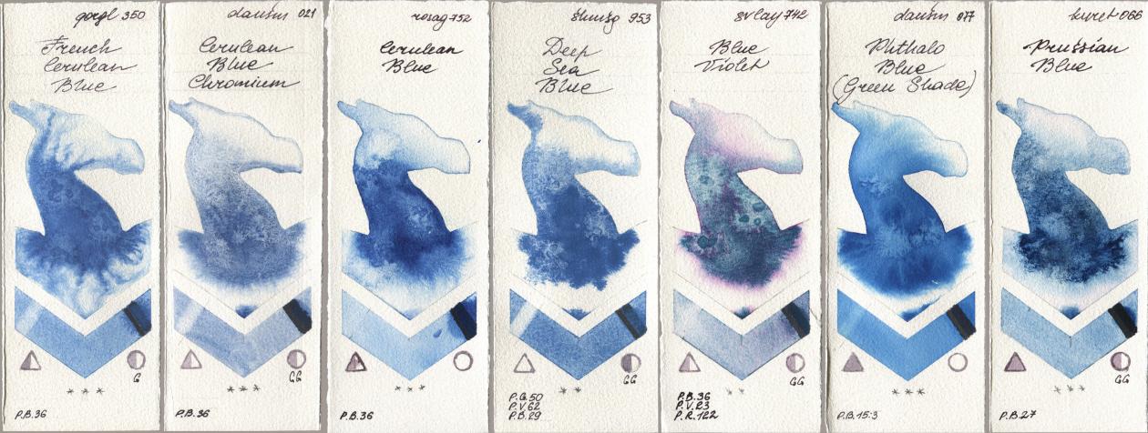 Golden QOR 350 French Cerulean Blue, Daniel Smith 021 Cerulean Blue Chromium, Rosa Gallery 752 Cerulean Blue, Shminke Horadam Aquarell 953 Deep Sea Blue, SuperVision 742 Blue Violet, 077 Phthalo Blue (Green Shade), Kuretake Gansai Tambi 066 Prussian Bl watercolor swatch