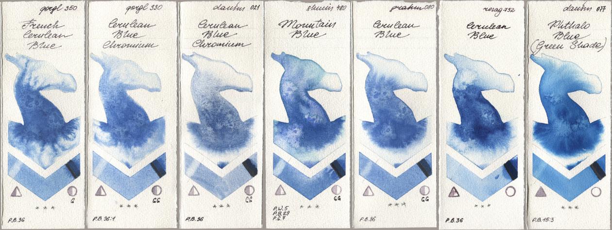 Golden QOR 350 French Cerulean Blue, 330 Cerulean Blue, Chromium, Daniel Smith 021 Cerulean Blue Chromium, Shminke Horadam Aquarell 480 Mountain Blue, M. Graham & Co. Artists 080 Cerulean Blue, Rosa Gallery 752 Cerulean Blue, 077 Phthalo Blue (Green Shad watercolor swatch