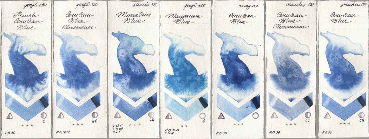Golden QOR 350 French Cerulean Blue, 330 Cerulean Blue, Chromium, Shminke Horadam Aquarell 480 Mountain Blue, 355 Manganese Blue, Rosa Gallery 752 Cerulean Blue, Daniel Smith 021 Cerulean Blue Chromium, M. Graham & Co. Artists 080 Cerulean Bl watercolor swatch