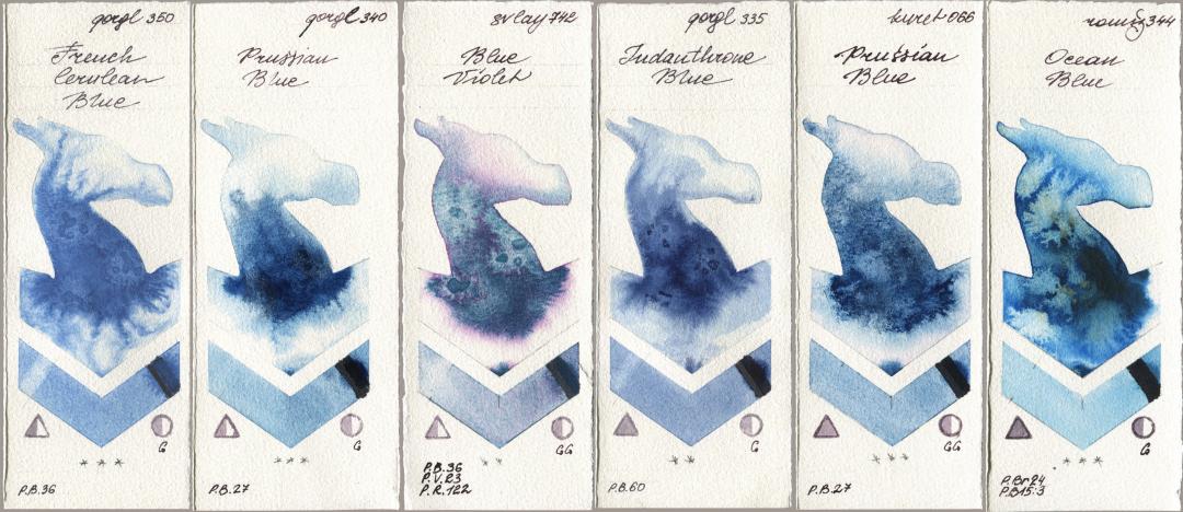 Golden QOR 350 French Cerulean Blue, 340 Prussian Blue, SuperVision 742 Blue Violet, 335 Indanthrone Blue, Kuretake Gansai Tambi 066 Prussian Blue, Roman Szmal Aquarius 344 Ocean Bl watercolor swatch
