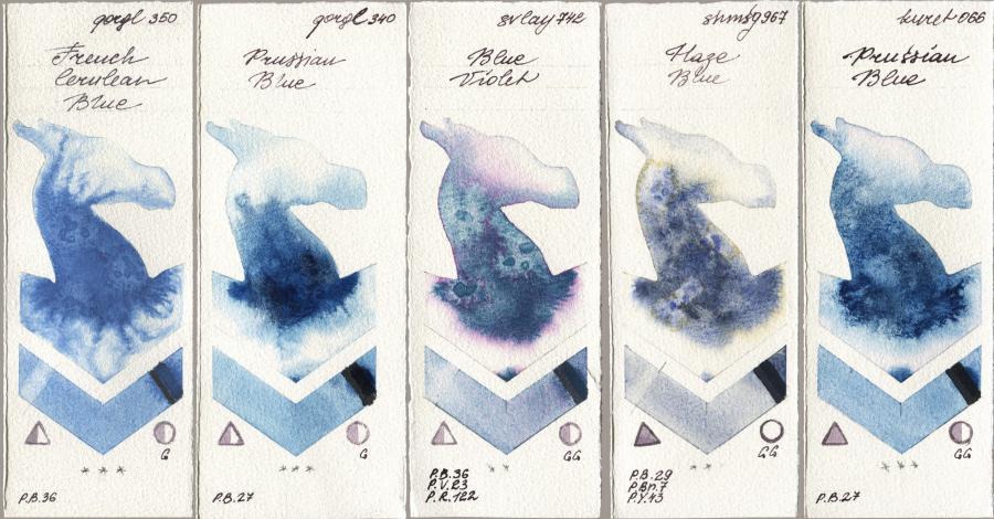 Golden QOR 350 French Cerulean Blue, 340 Prussian Blue, SuperVision 742 Blue Violet, Shminke Horadam Aquarell 967 Haze Blue, Kuretake Gansai Tambi 066 Prussian Bl watercolor swatch