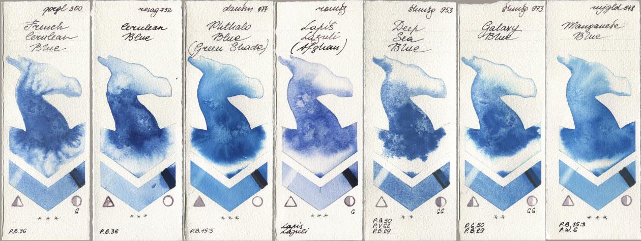Golden QOR 350 French Cerulean Blue, Rosa Gallery 752 Cerulean Blue, Daniel Smith 077 Phthalo Blue (Green Shade), Roman Szmal Aquarius 999 Lapis Lazuli Afghan, Shminke Horadam Aquarell 953 Deep Sea Blue, 973 Galaxy Blue, Mijello Mission Gold 548 Manganese Bl watercolor swatch