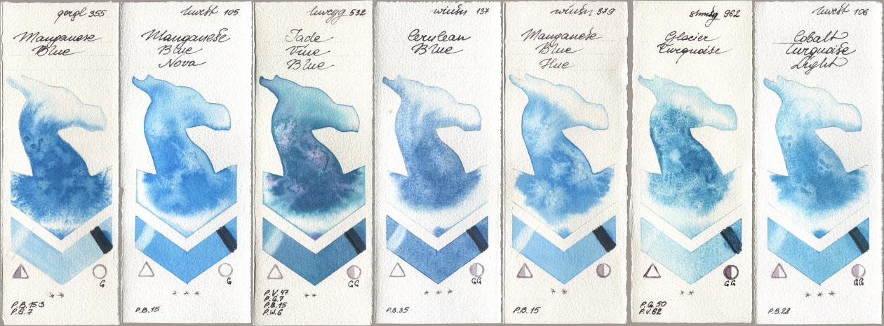 Golden QOR 355 Manganese Blue, Holbein Artists Watercolor 105 Manganese Blue Nova, 532 Jade Vine Blue, Winsor & Newton Professional 137 Cerulean Blue, 379 Manganese Blue Hue, Shminke Horadam Aquarell 962 Glacier Turquoise, 106 Cobalt Turquoise Lig watercolor swatch