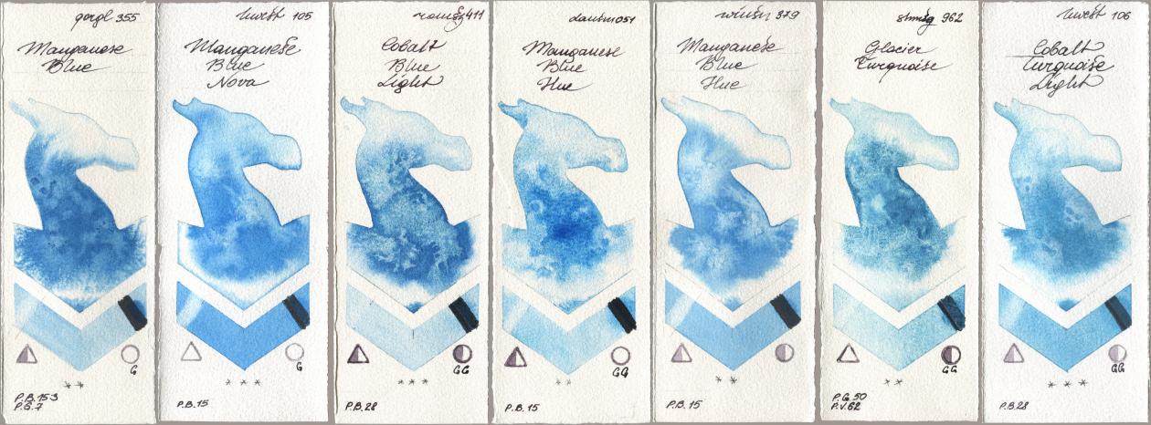 Golden QOR 355 Manganese Blue, Holbein Artists Watercolor 105 Manganese Blue Nova, Roman Szmal Aquarius 411 Cobalt Blue Light, Daniel Smith 051 Manganese Blue Hue, Winsor & Newton Professional 379 Manganese Blue Hue, Shminke Horadam Aquarell 962 Glacier Turquoise, 106 Cobalt Turquoise Lig watercolor swatch