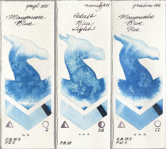 Golden QOR 355 Manganese Blue, Roman Szmal Aquarius 411 Cobalt Blue Light, M. Graham & Co. Artists 114 Manganese Blue H watercolor swatch