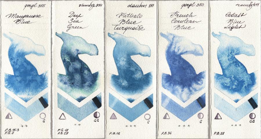Golden QOR 355 Manganese Blue, Shminke Horadam Aquarell 954 Deep Sea Green, Daniel Smith 247 Phthalo Blue Turquoise, 350 French Cerulean Blue, Roman Szmal Aquarius 411 Cobalt Blue Lig watercolor swatch