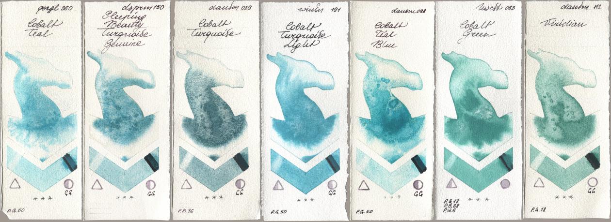 Golden QOR 360 Cobalt Teal, Daniel Smith 150 Sleeping Beauty Turquoise Genuine, 029 Cobalt Turquoise, Winsor & Newton Professional 191 Cobalt Turquoise Light, 028 Cobalt Teal Blue, Holbein Artists Watercolor 063 Cobalt Green, 112 Viridi watercolor swatch