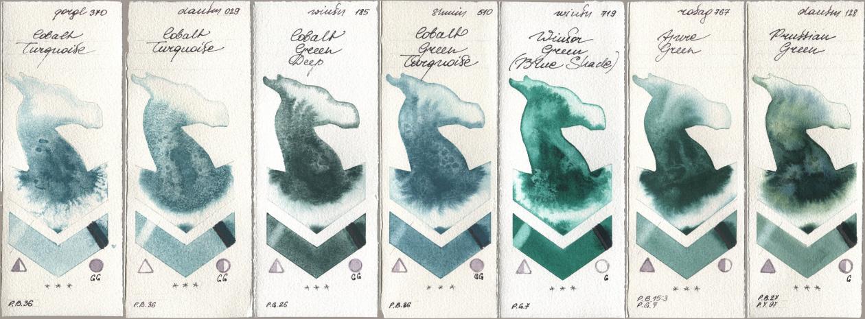 Golden QOR 370 Cobalt Turquoise, Daniel Smith 029 Cobalt Turquoise, Winsor & Newton Professional 185 Cobalt Green Deep, Shminke Horadam Aquarell 510 Cobalt Green Turquoise, 719 Winsor Green (Blue Shade), Rosa Gallery 767 Azure Green, 128 Prussian Gre watercolor swatch