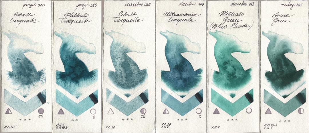 Golden QOR 370 Cobalt Turquoise, 365 Phthalo Turquoise, Daniel Smith 029 Cobalt Turquoise, 105 Ultramarine Turquoise, 078 Phthalo Green (Blue Shade), Rosa Gallery 767 Azure Gre watercolor swatch