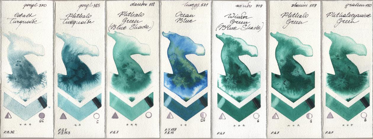 Golden QOR 370 Cobalt Turquoise, 365 Phthalo Turquoise, Daniel Smith 078 Phthalo Green (Blue Shade), Holbein Artists Watercolor 531 Ocean Blue, Winsor & Newton Professional 719 Winsor Green (Blue Shade), Shminke Horadam Aquarell 519 Phthalo Green, M. Graham & Co. Artists 150 Phthalocyanine Gre watercolor swatch
