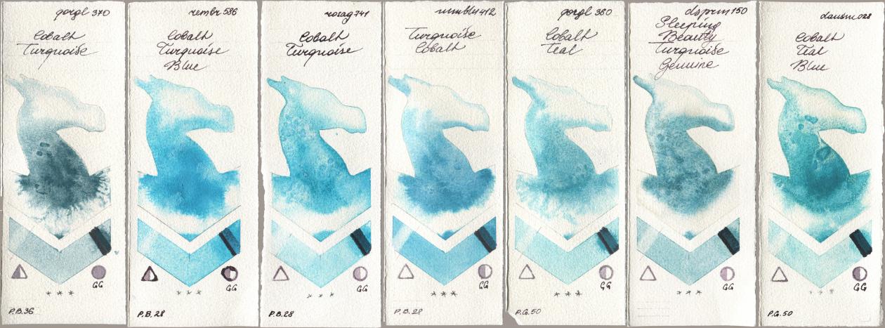 Golden QOR 370 Cobalt Turquoise, Royal Talens Rembrandt Watercolour 586 Cobalt Turquoise Blue, Rosa Gallery 741 Cobalt Turquoise, Maimeri Blu 412 Turquoise Cobalt, 360 Cobalt Teal, Daniel Smith 150 Sleeping Beauty Turquoise Genuine, 028 Cobalt Teal Bl watercolor swatch