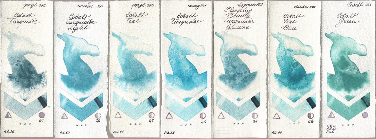 Golden QOR 370 Cobalt Turquoise, Winsor & Newton Professional 191 Cobalt Turquoise Light, 360 Cobalt Teal, Rosa Gallery 741 Cobalt Turquoise, Daniel Smith 150 Sleeping Beauty Turquoise Genuine, 028 Cobalt Teal Blue, Holbein Artists Watercolor 063 Cobalt Gre watercolor swatch