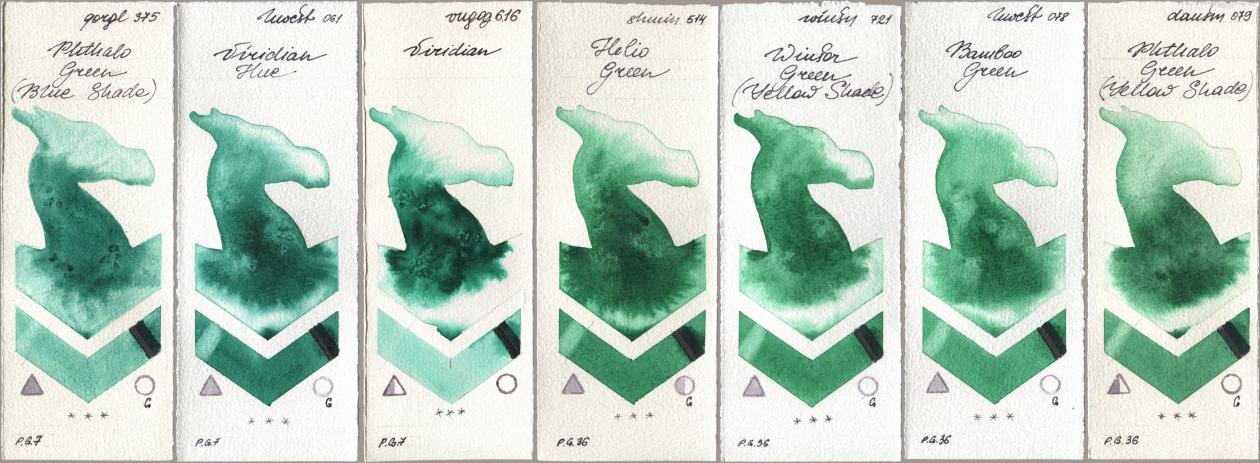 Golden QOR 375 Phthalo Green (Blue Shade), Holbein Artists Watercolor 061 Virdian Hue, Royal Talens Van Gogh Watercolour 616 Viridian, Shminke Horadam Aquarell 514 Helio Green, Winsor & Newton Professional 721 Winsor Green (Yellow shade), 078 Bamboo Green, Daniel Smith 079 Phthalo Green (Yellow Shad watercolor swatch