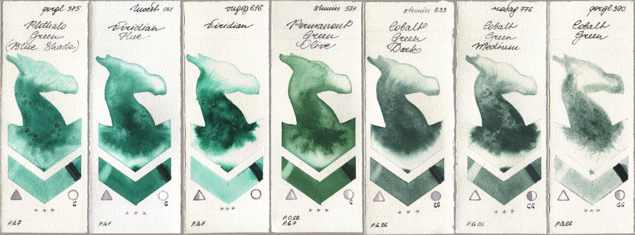 Golden QOR 375 Phthalo Green (Blue Shade), Holbein Artists Watercolor 061 Virdian Hue, Royal Talens Van Gogh Watercolour 616 Viridian, Shminke Horadam Aquarell 534 Permanent Green Olive, 533 Cobalt Green Dark, Rosa Gallery 776 Cobalt Green Medium, 390 Cobalt Gre watercolor swatch