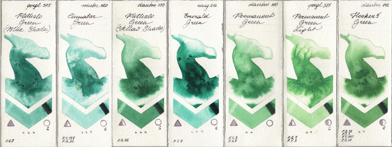 Golden QOR 375 Phthalo Green (Blue Shade), Winsor & Newton Professional 420 Cinnabar Green, Daniel Smith 079 Phthalo Green (Yellow Shade), Rosa Gallery 712 Emerald Green, 070 Permanent Green, 385 Permanent Green Light, 042 Hookers Gre watercolor swatch