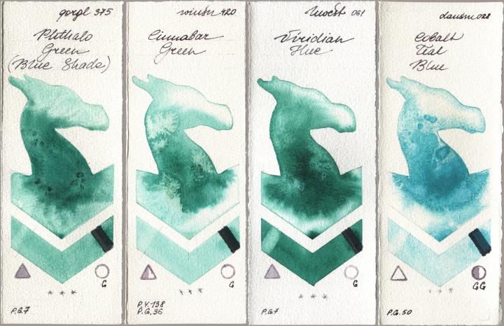 Golden QOR 375 Phthalo Green (Blue Shade), Winsor & Newton Professional 420 Cinnabar Green, Holbein Artists Watercolor 061 Virdian Hue, Daniel Smith 028 Cobalt Teal Bl watercolor swatch