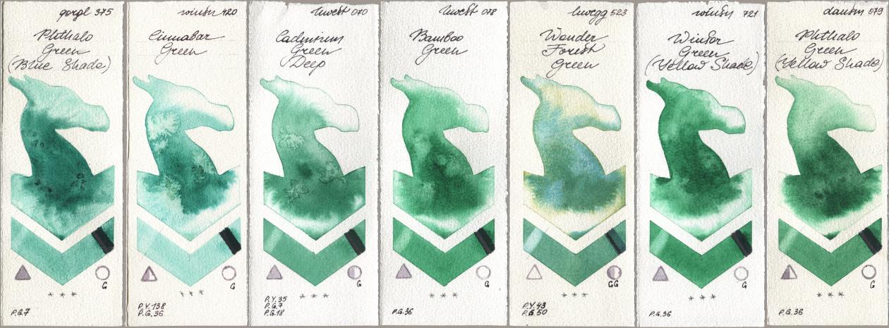 Golden QOR 375 Phthalo Green (Blue Shade), Winsor & Newton Professional 420 Cinnabar Green, Holbein Artists Watercolor 070 Cadmium Green Deep, 078 Bamboo Green, 523 Wonder Forest Green, 721 Winsor Green (Yellow shade), Daniel Smith 079 Phthalo Green (Yellow Shad watercolor swatch