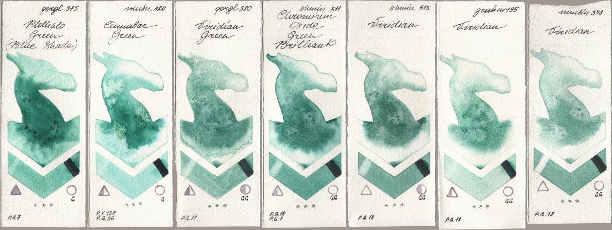Golden QOR 375 Phthalo Green (Blue Shade), Winsor & Newton Professional 420 Cinnabar Green, 380 Viridian Green, Shminke Horadam Aquarell 511 Chromium Oxide Green Brilliant, 513 Viridian, M. Graham & Co. Artists 195 Viridian, Maimeri Blu 348 Viridi watercolor swatch