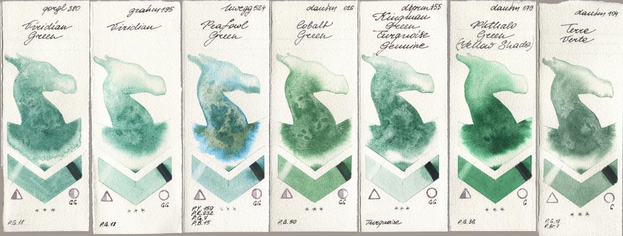 Golden QOR 380 Viridian Green, M. Graham & Co. Artists 195 Viridian, Holbein Artists Watercolor 524 Peafowl Green, Daniel Smith 026 Cobalt Green, 155 Kingman Green Turquoise Genuine, 079 Phthalo Green (Yellow Shade), 104 Terre Ver watercolor swatch