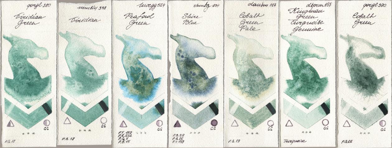 Golden QOR 380 Viridian Green, Maimeri Blu 348 Viridian, Holbein Artists Watercolor 524 Peafowl Green, Shminke Horadam Aquarell 934 Shire Blue, Daniel Smith 027 Cobalt Green Pale, 155 Kingman Green Turquoise Genuine, 390 Cobalt Gre watercolor swatch